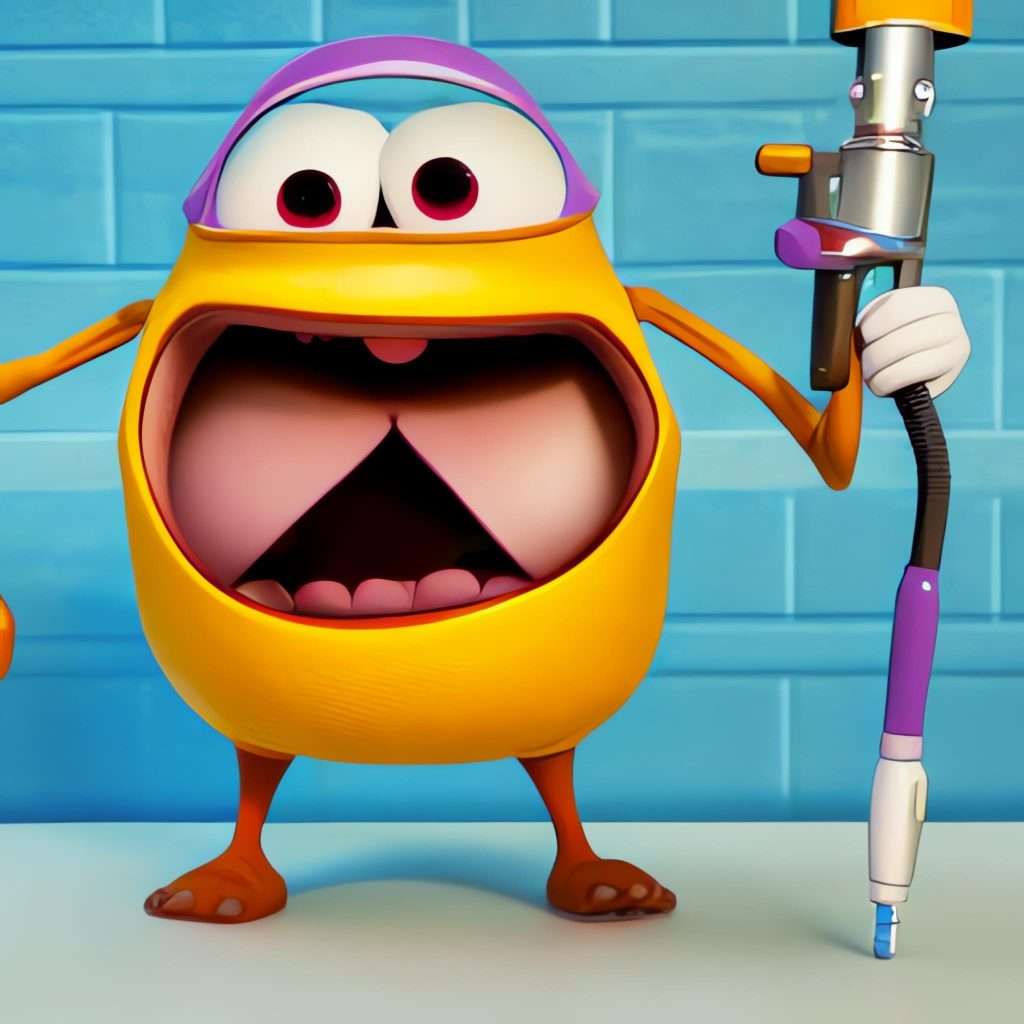 a yellow cartoon figure with a huge smile, clutching what appears to be a long tube with lots of unidentifiable peripherals
