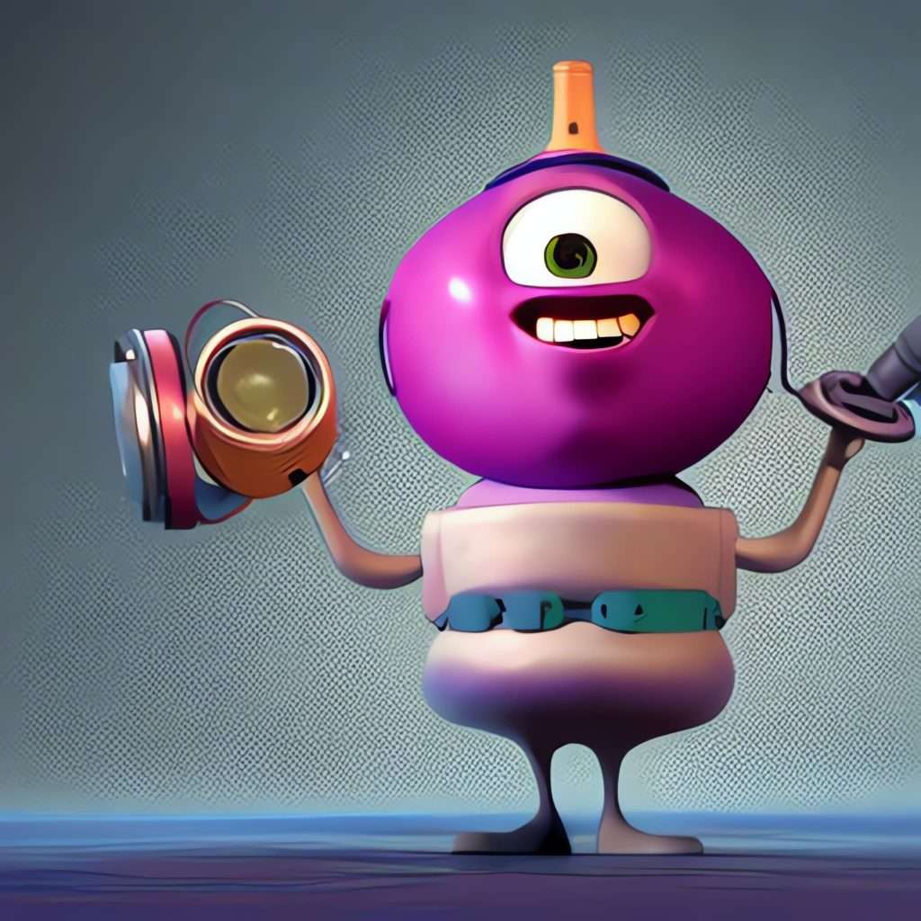 a cartoon figure with a bulbous purple head, one eye and a broad smile