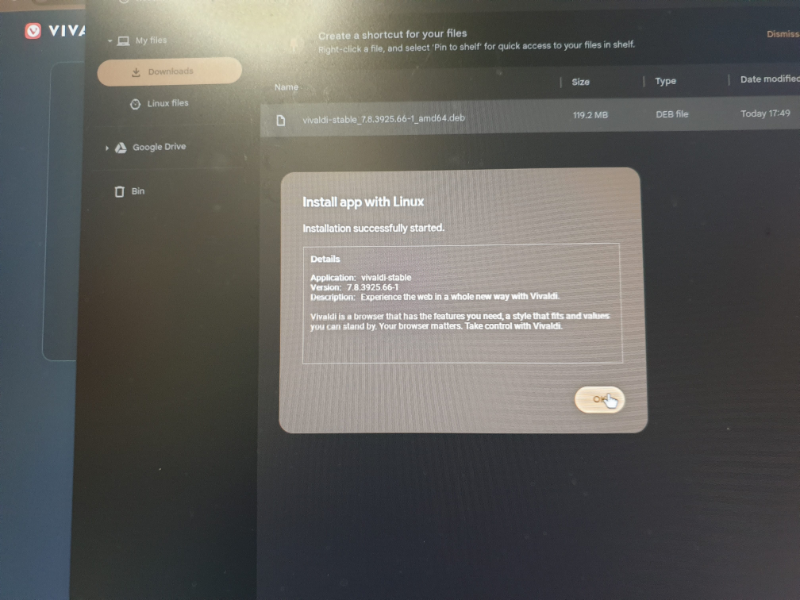 photo of a screen showing the ChromeOS 'install app with linux' dialog